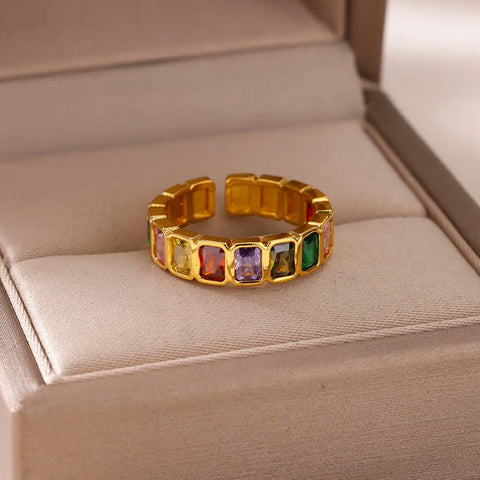 Colored cubic zirconia ring for men made of stainless steel in gold color