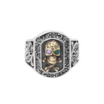 Silberring mit Totenkopf und Quarzsteine Gravur in S925 Sterling Silver