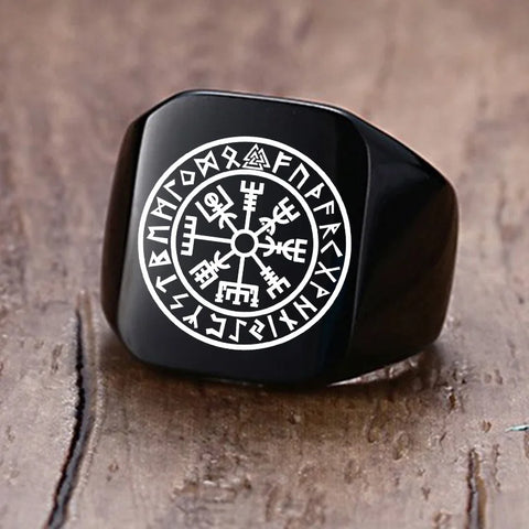 Herrenring aus schwarzem Edelstahl mit Viking-Kompass und blauen Details - Siegelring-shop