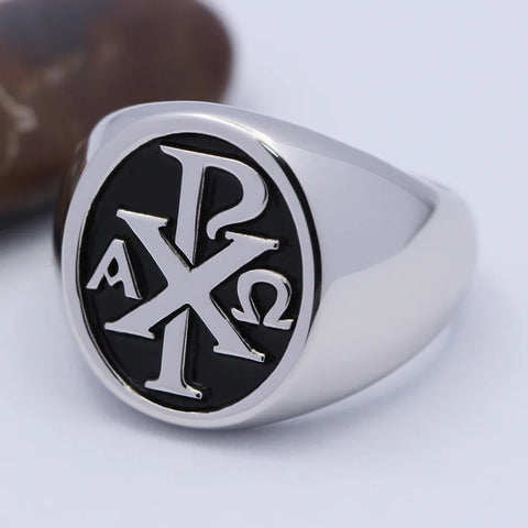 Chi Rho Ring aus Sterlingsilber mit schwarzem Emblem