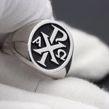 Chi Rho Ring aus Sterlingsilber mit schwarzem Emblem