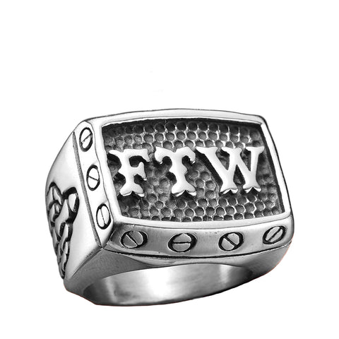 Men's ring with FTW lettering made of metal in silver look